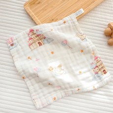 六層紗布口水巾方巾小方巾：柔軟吸水、多用途寶寶手帕、兒童洗臉巾、幼兒園必備 30*30, 1個, 44-粉色城堡【30*30】, 白色