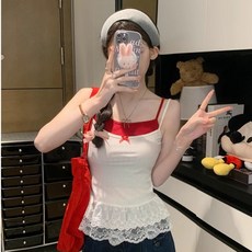 Yellwel 투톤 레이어드 캔디탑 여름 리본 레이스 트림 투피스 탑 DJP