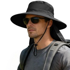 ZOORON 남성용 여성용 햇빛 차단 모자 아웃도어 UPF50+ 메시 햇빛 차단 모자 넓은 챙 낚시 모자 넥 플랩 자외선 차단 캡 다크 그레이 1개(넥 플랩), 1, 블랙 1개(넥 플랩)