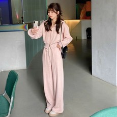 【M-5XL大尺碼】大尺碼女裝春秋套裝，寬鬆連帽顯瘦闊腿褲運動休閒套裝