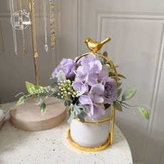 無精 仿真花小盆栽 北歐鐵藝鳥架裝飾擺件, 淺紫花（鳥架+絹花一組）