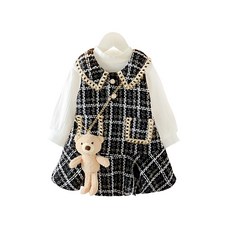 女童款格紋毛呢洋裝+內搭長袖上衣套裝