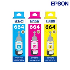 정품 무한 잉크 T664 CMY 컬러3색 L100 L110 L605 L655 L1300, 1세트, 파랑 + 빨강 + 노랑