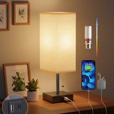 패브릭 커버 책상 램프 침대 옆 스탠드 (USB 포트 포함) - LED 3색 전구 세트, 베이지