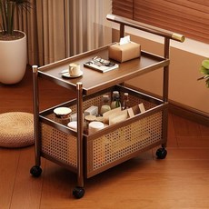 다용도 이동식 진열장 선반 우드 서빙카트 70cm 저소음 바퀴 이동식테이블 소파 사이드 테이블 수납 침대 거실 보조 테이블, 2단, 호두색