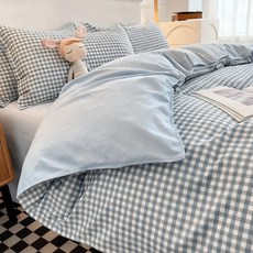 수면일기 워싱면 체크무늬 싱글 퀸 이불커버 150 180 200 단품, 블루