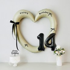 연지마켓 생일 하트프레임풍선 블랙 숫자 생일파티 용품 세트 (자유레터링), 1세트, 크림하트 숫자 14