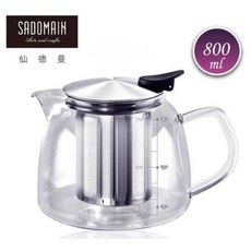 仙德曼直火花茶壺，耐熱玻璃沖茶壺，不鏽鋼濾網泡茶壺，適用於花茶、咖啡，玻璃水壺, 800ml, 800ml, 1個