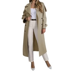 Muchpow 여성용 롱 트렌치 코트 더블 브레스트 라펠 오버사이즈 방풍 오버코트 벨트 포함 아미 그린. 스몰