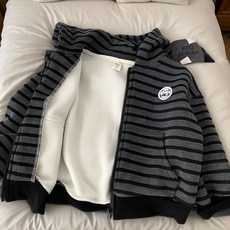 Olli kids兒童秋冬加絨連帽外套-韓版男童條紋休閒上衣