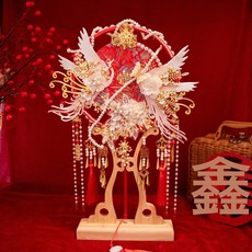 DIU 團扇結婚新娘材料包秀禾婚禮婚扇喜扇雙面出嫁成品扇子, 1個, 5号款红色-diy材料包【自己做】-单把团扇:如圖