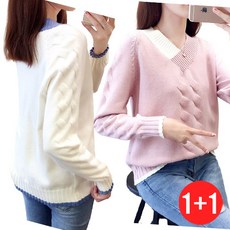 엘레스 여성스웨터 화이트+핑크 2장 여성니트 스웨터 니트 브이넥