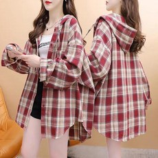 여성 봄 가을 후드 체크 셔츠 루즈 데일리 캐주얼 긴팔 톱 코트 슬림소녀
