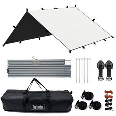 탑 랜더 19개의 연결 고리가 있는 다용도 대형 렉타 캠핑 방수 타프 차량용어닝 야외용 UV 차단, 베이지, 타프 세트(블랙 코팅 타프)