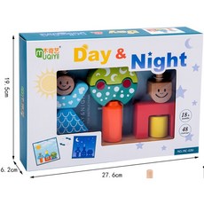 木製日與夜拼插積木玩具 寶寶早教益智圖形影子配對積木玩具 商檢合格, 1個, 彩盒破損（已折扣，自用可選，內容物完整）