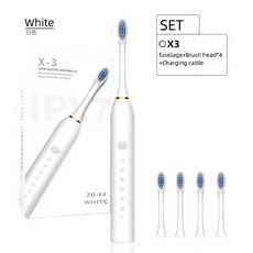 X.Q.M.Q X-3 聲波電動牙刷 USB充電 60天續航 IPX7防水 附4刷頭, 白色, 1個, 白色 USB線 4刷頭