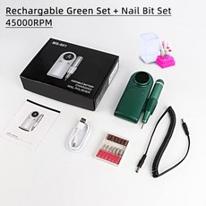 네일드릴 전동드릴 손톱 발톱 관리 45000RPM 네일 드릴 매니큐어 기계 충전식 전기 샌더 일시 정지 모드 선반 젤 절단 제거 도구, [09] 901 Green Set BTH8, 1개