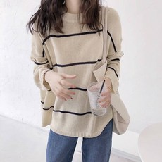 Cwadun 여성용 줄무늬 스웨터 느슨한 슬림 핏 긴팔 스웨터