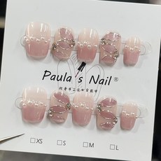 Paula's Nail 純手工穿戴甲 粉色漸層珍珠水鑽設計 短方美甲片, 1個, HNP031短方-S碼(長約1.6公分)