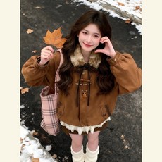 毛領蝴蝶結牛角扣棉衣兩件套 冬季新款寬鬆加厚保暖短版棉服外套