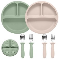 Eascrozn 아기 수유 세트 흡착 기능이 있는 실리콘 아기 접시 2팩 유아 식기용 스푼 및 포크 세트 2팩 BPA 프리 식사 필수품을 위한 아기 LED 이유식 용품, 그린, 핑크, 1개