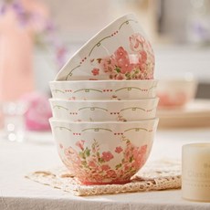 Siemzon 예쁜 꽃무늬 밥공기 국수 그릇 국그릇, 핑크 플라워, 1세트, 15*7.9CM*4개