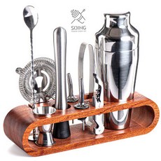 304不鏽鋼調酒器 兩段式不銹鋼雞尾酒調酒師搖壺 酒吧工具, 1個, soing法式兩段銀色（胡桃木底座）