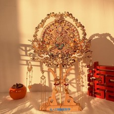 HYLSS 團扇 出嫁秀禾扇子結婚新婚成品喜扇婚扇 婚禮高級diy, 1個, 曲相戀終生團花香檳色材料包+膠水:如圖