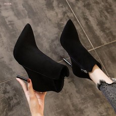 單靴 女 尖頭 細跟 瘦瘦靴 裸靴 短筒靴 高跟鞋, 黑色【8cm】,34