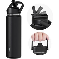 TOURIT 24온스 단열 물병 빨대가 달린 스테인리스 스틸 차가운 음료와 뜨거운 음료를 위한 이중 벽 진공 단열재 스포츠 및 여행용 누수 방지 BPA 무료 물 플라스크 블랙, Obsidian-Straw, 24 Ounces