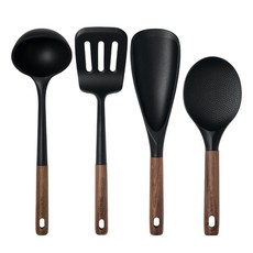트루쿡 북미산 월넛 실리콘 조리도구 4종 세트, 1세트, 블랙, 국자 + 뒤집개 + 멀티스푼 + 주걱