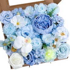 BSMYBO조화콤보가을꽃믹스실크플라워달리아장미줄기포함DIY신부웨딩부케 베이비샤워장식가짜꽃꽂이테이블센터피스장식122857, 하늘색