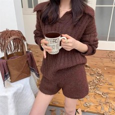 新年套裝 寬鬆翻領毛衣針織短褲休閒套裝 韓版顯瘦時尚女裝