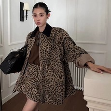 여성 레트로 레오파드 미니 호피 스커트 자켓 점퍼 긴팔