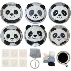 성인 초보자용 57리라 펀치 니들 코스터 키트 동물 판다 스티칭 자수 아트 6세트 단계별 가이드 스타터용 니들링 음료 만들기