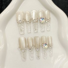 指見 原創 碎冰甜夢 貓眼冰透玻璃 質感堆鑽穿戴甲, 1個, L,2629-細狗尖