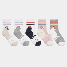 노디자인 PG 엄마용 학생용 빅캣 중목 양말 5족 세트 여자양말 학생 주니어 데일리 캐릭터 심플 패션