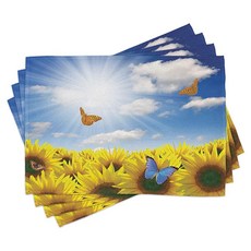 Lunarable 과일 플레이스 매트 4개 세트 만화 스타일 다양한 사과 신선하고 잘 익은 계절 음식 깨끗한 식사 비건 식탁용 세탁 가능한 패브릭 매트 표준 사이즈 그린, Yellow Blue