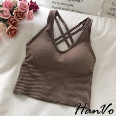 HanVo性感低胸交叉美背短版小可愛背心 百搭休閒居家瑜珈健身跑步運動抹胸內衣 韓系女裝 A09-5036