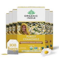 Organic India Purely 카모마일 차 - 재생 유기농 순수 카모마일 꽃 카페인 프리 진정 및 릴랙싱 허브 티 수면 및 휴식을 위한 자연스러운 지원 - 티백 18개, 퓨어 카모마일