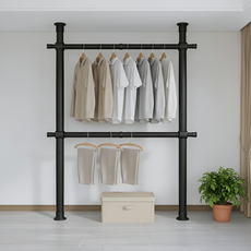 38파이 와이드 2단 행거 고정식 튼튼한 설치형 시스템 행거, 넓이 100-180cm x 높이 110-260cm