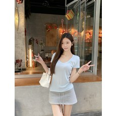 봄여름용 U넥 스타일리시하고 다용도로 활용 가능한 여성용 피부 친화적인 반소매 티셔츠 상의