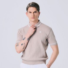 [헨리스튜어트] 골프 남성용 케이블 라인 카라 니트 반팔 티셔츠 베이지