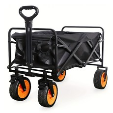戶外露營手推車 美式超大輪摺疊推車 寬胎折疊式拖車購物車 寵物推車 折疊車 推拉車 野餐車 標準, 黑色, 1個