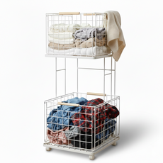 도파밍 이동식 2단 빨래바구니 세탁 카트 대용량 수납함, DpM-24010 화이트