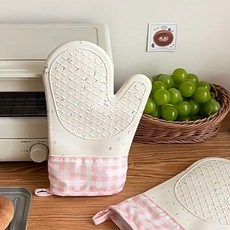 제니스마켓 북유럽 감성 실리콘 2중 주방 오븐 장갑, 1세트, 핑크 체크