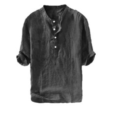 남성용 헨리 티셔츠 리넨 면 셔츠 버튼 업 비치 탑 캐주얼 반바지 반소매 경량 무지 티 화이트 02 Large 268566, Black 02