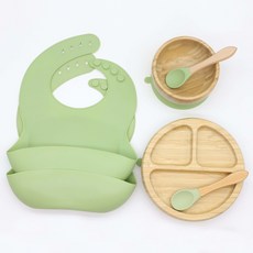 跨境熱賣食品級寶寶硅膠雙圍兜竹餐盤碗帶吸盤木勺叉輔食餐具套裝