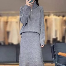 FANSYLI 가을 겨울 여성 빅사이즈 니트 세트 결혼식 하객룩 솔리드 지퍼 니트+롱 하이웨스트 A라인 플레어스커트 투피스 심플 루즈핏 캐주얼 통근 세트 오피스룩 X2511N12