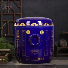 景德鎮陶瓷骨灰罐骨灰盒大號雙蓋佛經文心經圖殯葬遷墳撿骨罐, 深藍色（福壽滿圓）, 1個